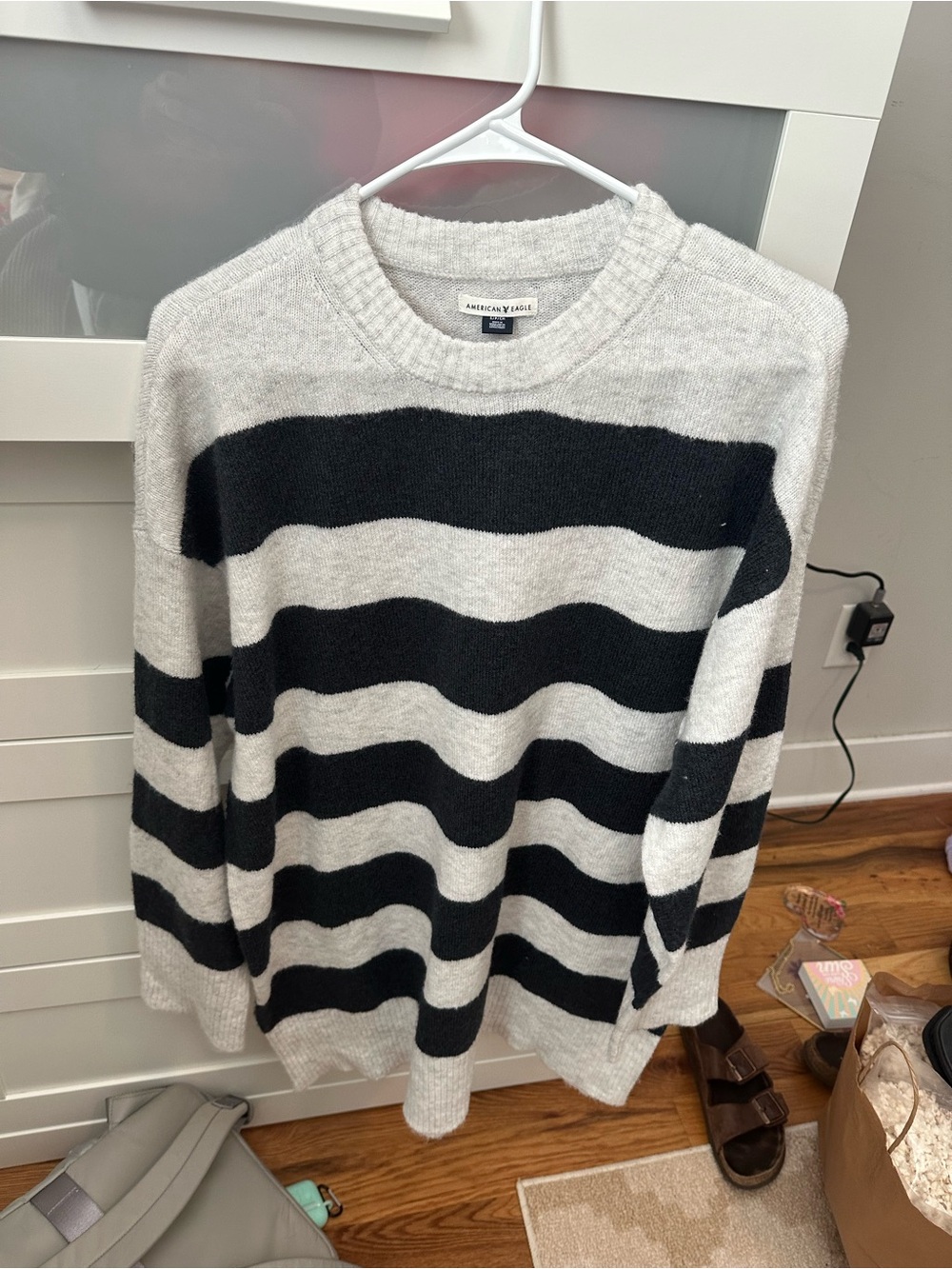 American Eagle Outfitters Black and Cream Striped Crewneck Sweater